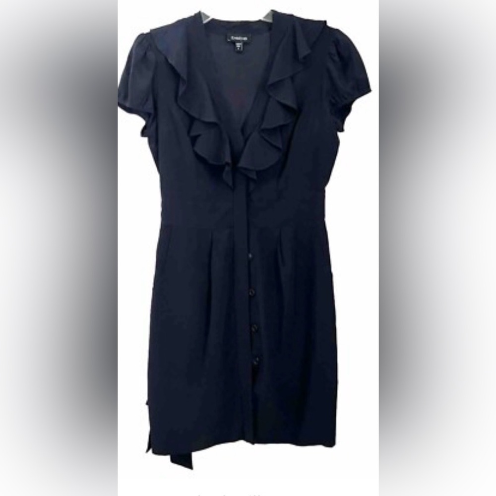 250 Bebe 100% Black Silk V-Neck, Ruffle Collar, Puff Sleeves